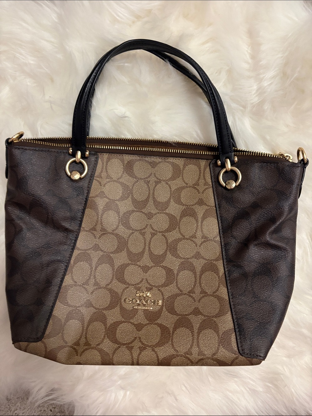 Coach Brown Signature Canvas Tote with Black Trim
